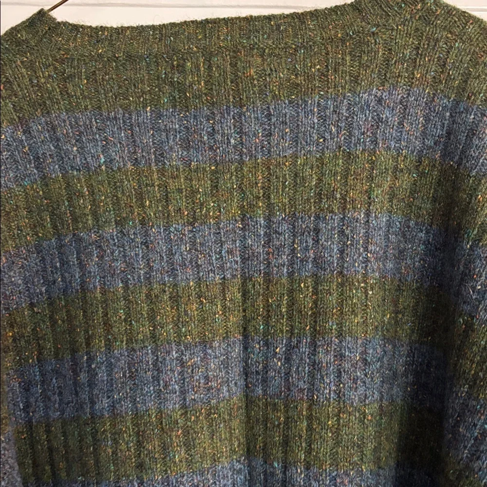 Vintage 1990s Tommy Hilfiger Olive and Light Blue Striped Lambs Wool Sweater